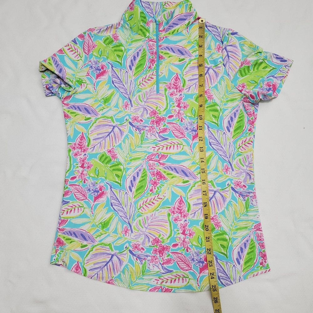 IBKUL Short Sleeve Mock Neck Quarter Zip Tropical Print Athleisure Top Small - Picture 6 of 6
